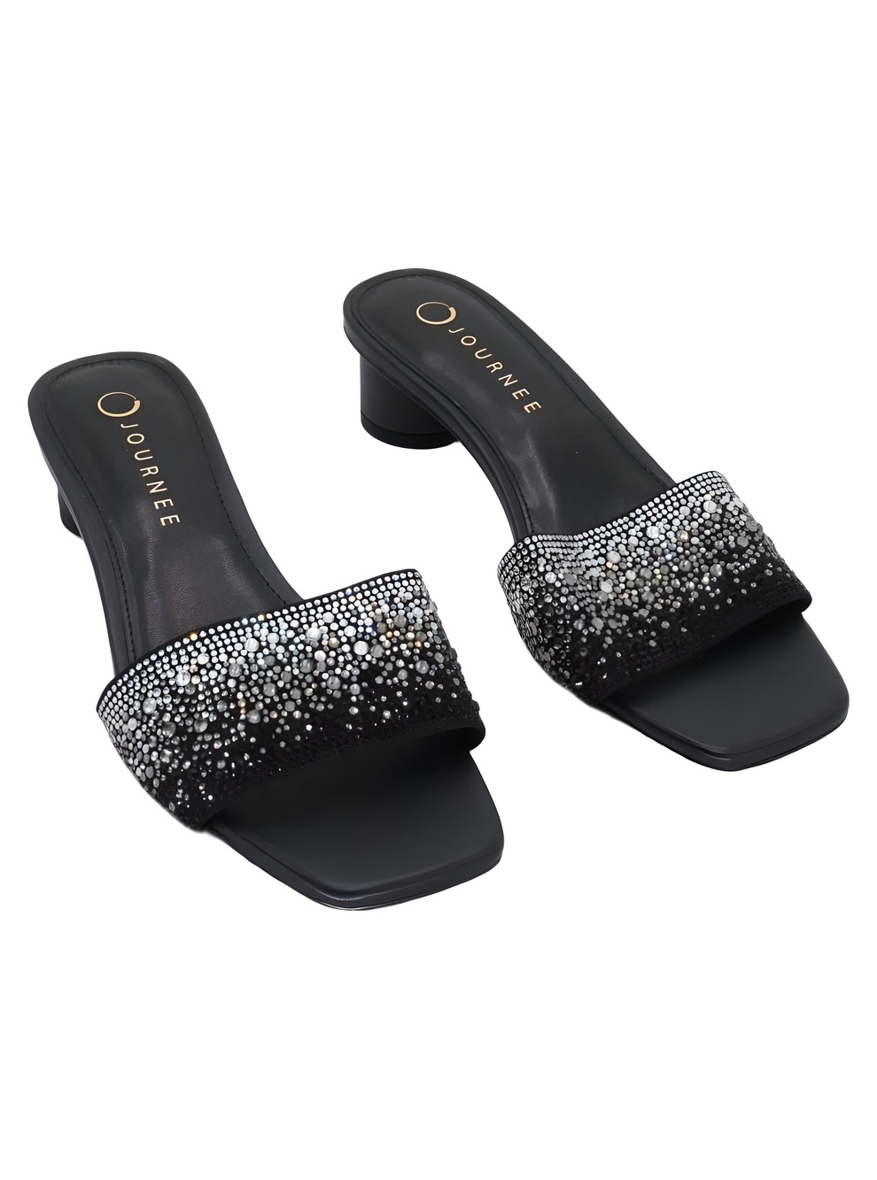 Journee Collection Flora Embellished Slide Sandal Black Block Heel Size 8.5M